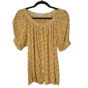 Loft Boho Mustard Floral Smocked Puff Sleeve Crinkle Knit Blouse